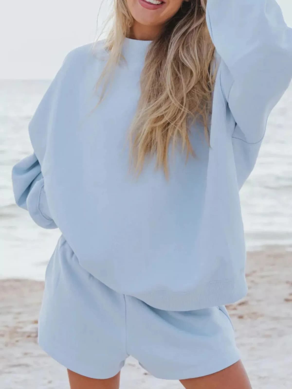 Relaxed Fit Round Neck Sweatshirt and Shorts Set Multiple Colors