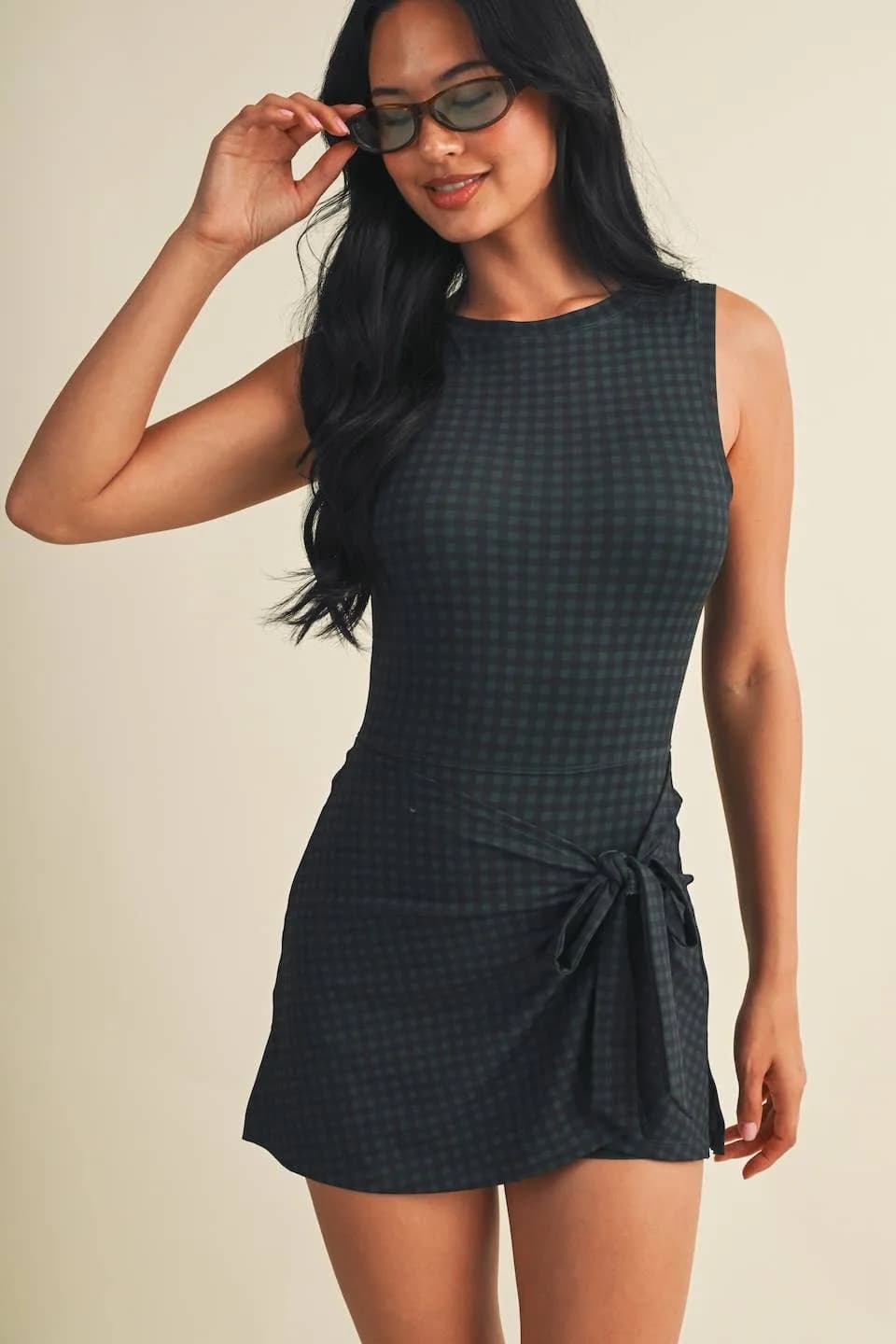 Gingham Print Sleeveless Wrap Tie Front Dress