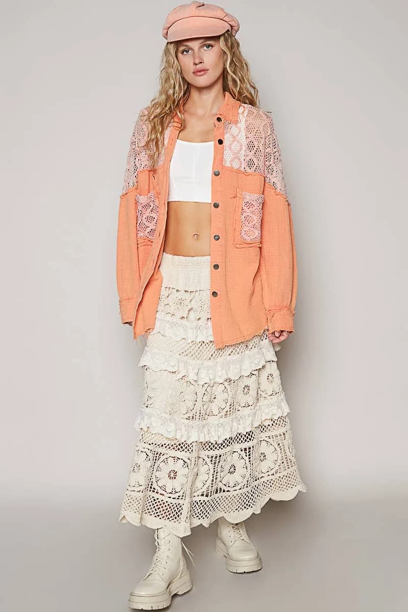 Oversize Contrast Open Knit Panel Detail Button Down Shirt (Magenta)
