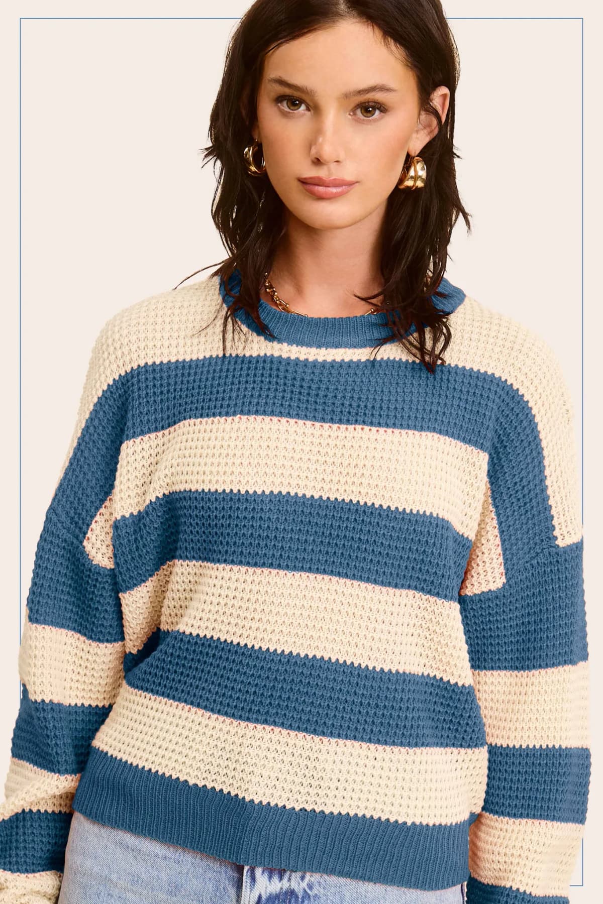 Loose Fit Striped Round Neck Long Sleeve Sweater (Oreo)