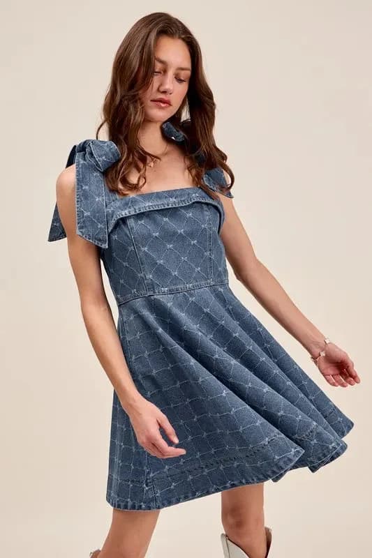 A Line Fit and Flare Diamond Bow Ribbon Denim Dress
