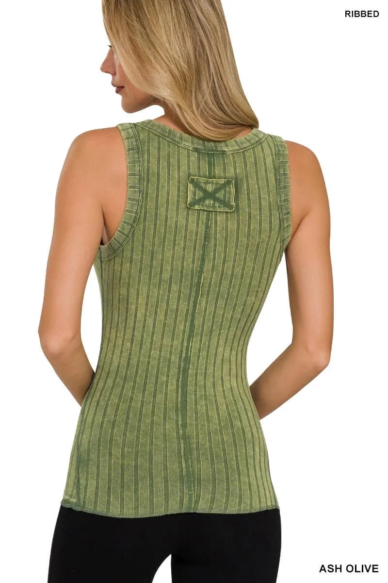 Washed Ribbed Scoop Neck Henry Tank Buttery Soft Top Zenana