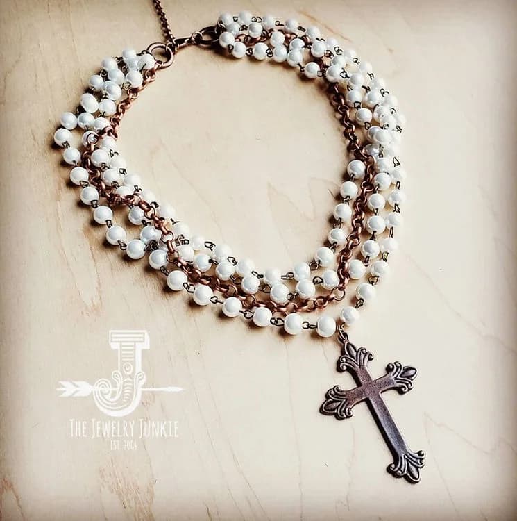 Pearl and Copper Collar Length Necklace Copper Cross