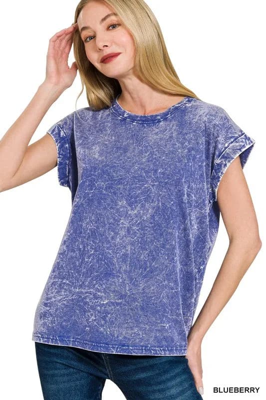 Crinkle Wash Cotton Folded Sleeve Top Relaxed Fit by Zenana