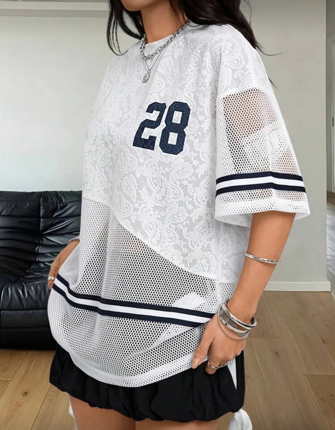 Contrast Floral Mesh White Jersey Number 28