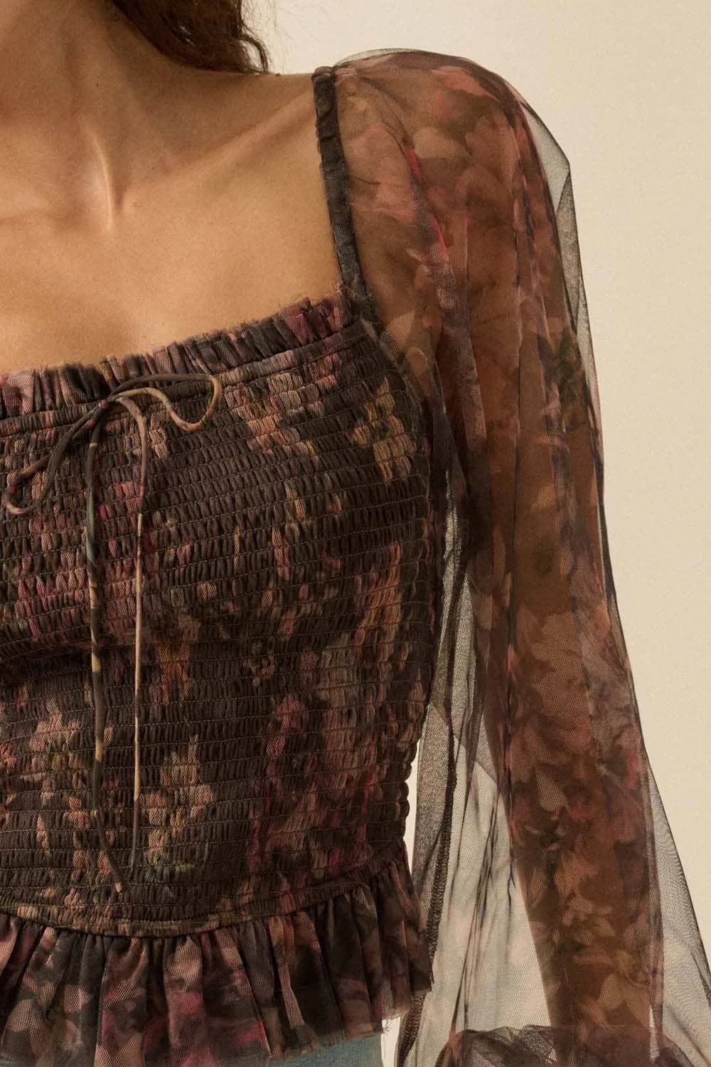 Layered Floral-Print Tulle Smocked Peasant Top by Promesa