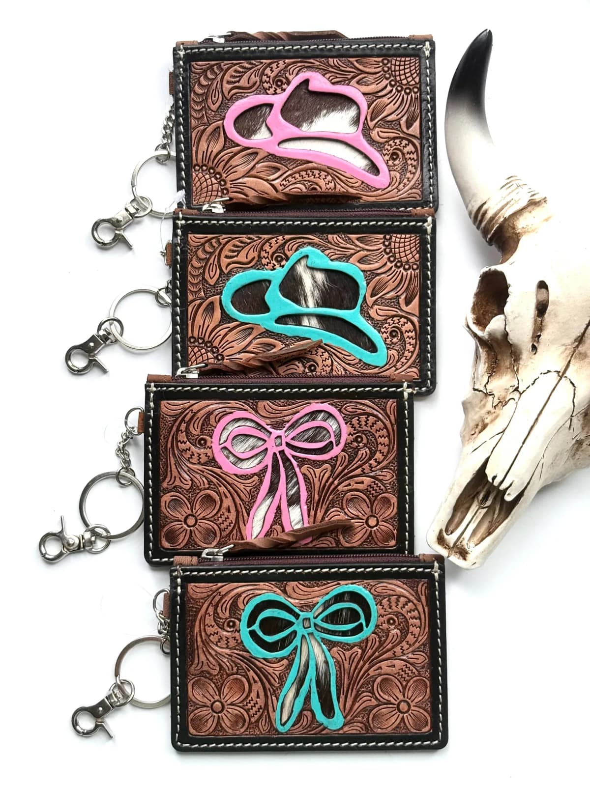 Bow Turquoise Tooled Leather Keychain Wallet