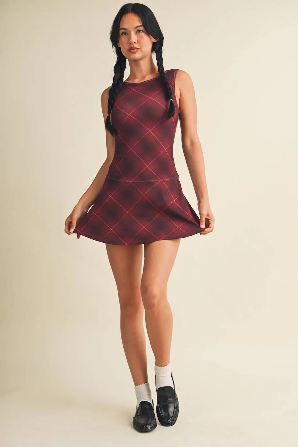 Plaid Print A-Line Mini Dress with Drop Waist by Glowie