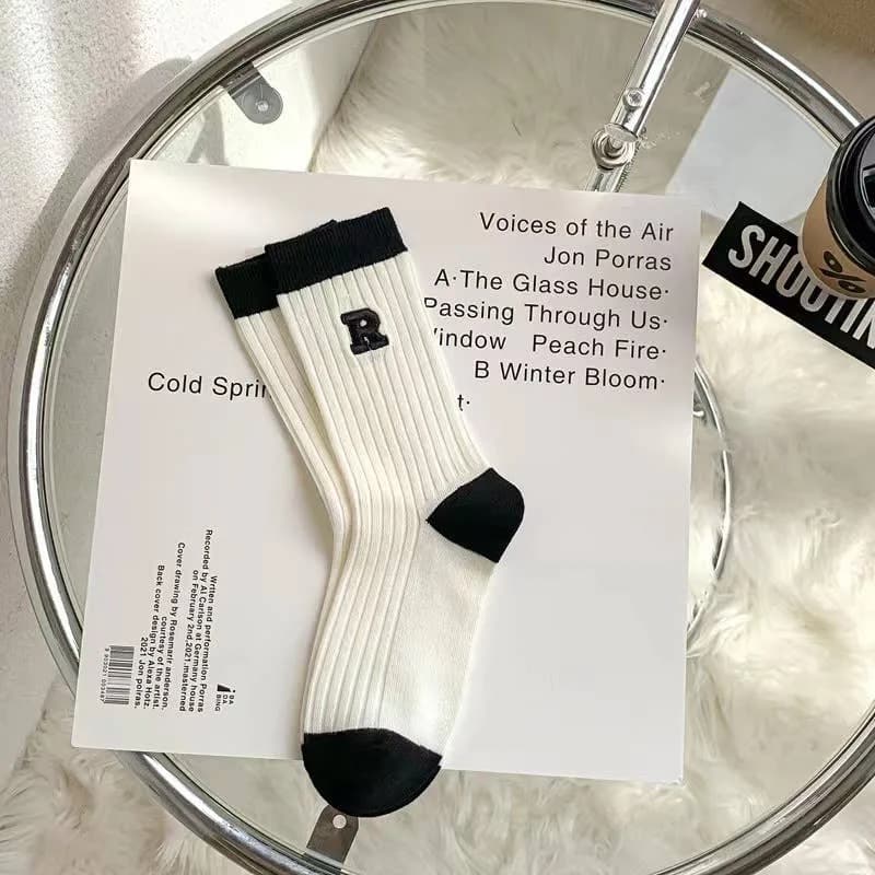 Simple Black and White Striped Letter Casual Socks
