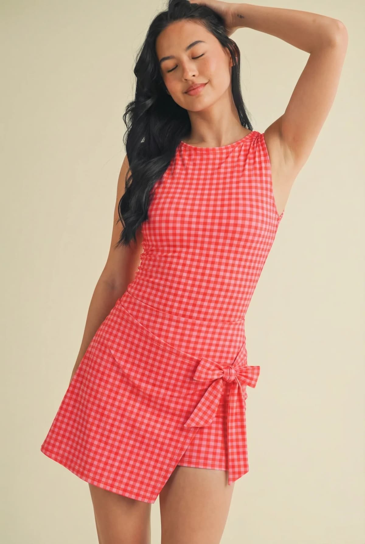 Gingham Print Sleeveless Wrap Tie Front Dress