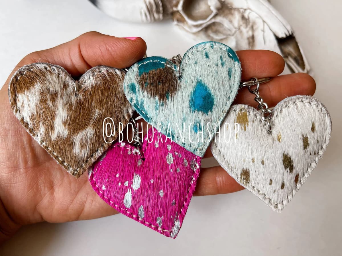 Western Heart Cowhide Hairon Keychain