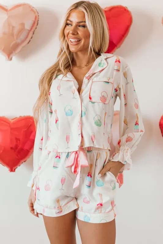 Wine Glass Bow Knot Pajama Set