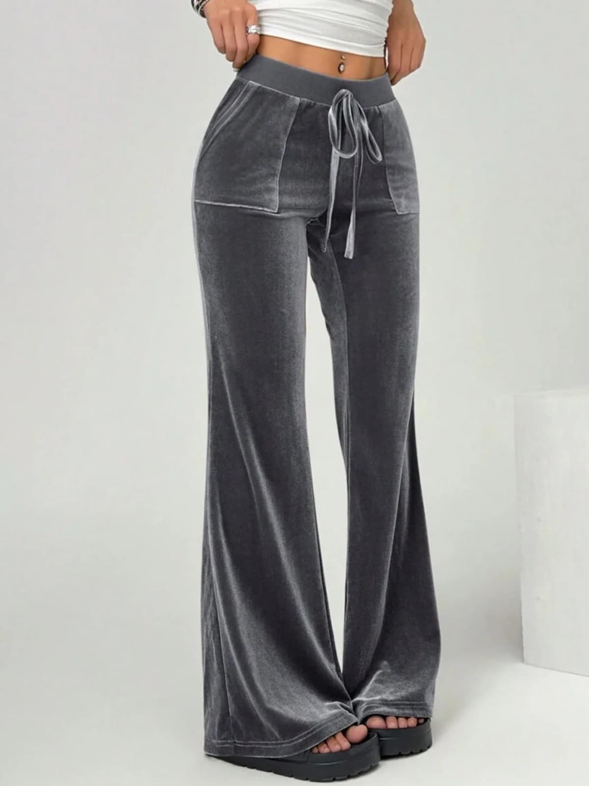 Velvet Flare Pants with Drawstring