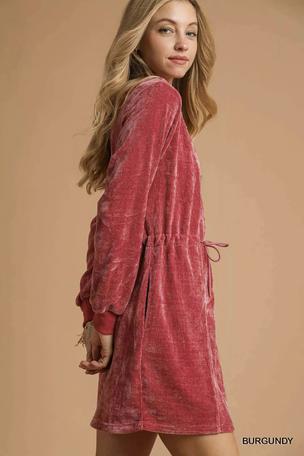 Umgee Velour Drawstring Mini Dress with Long Sleeves