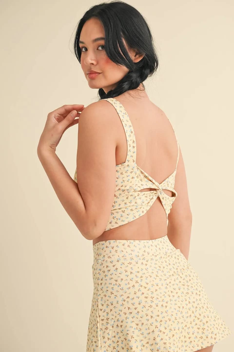 Ditsy Print Twist Back Crop Tank by Kimberly C
