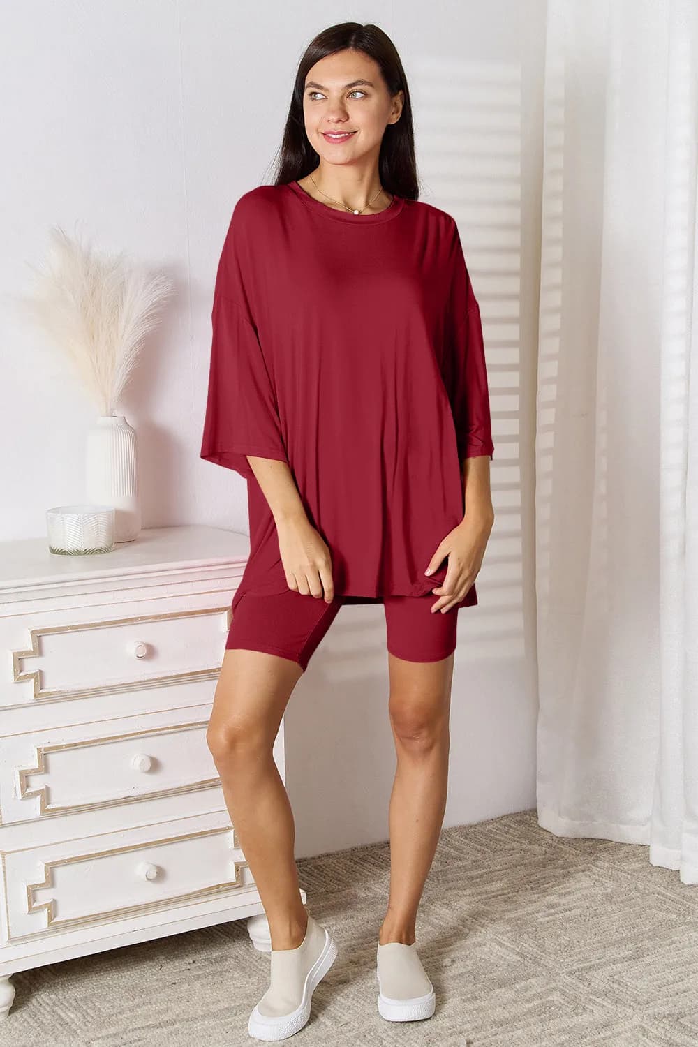 Basic Bae Full Size Soft Rayon Three-Quarter Sleeve Top and Shorts Set Multiple Colors