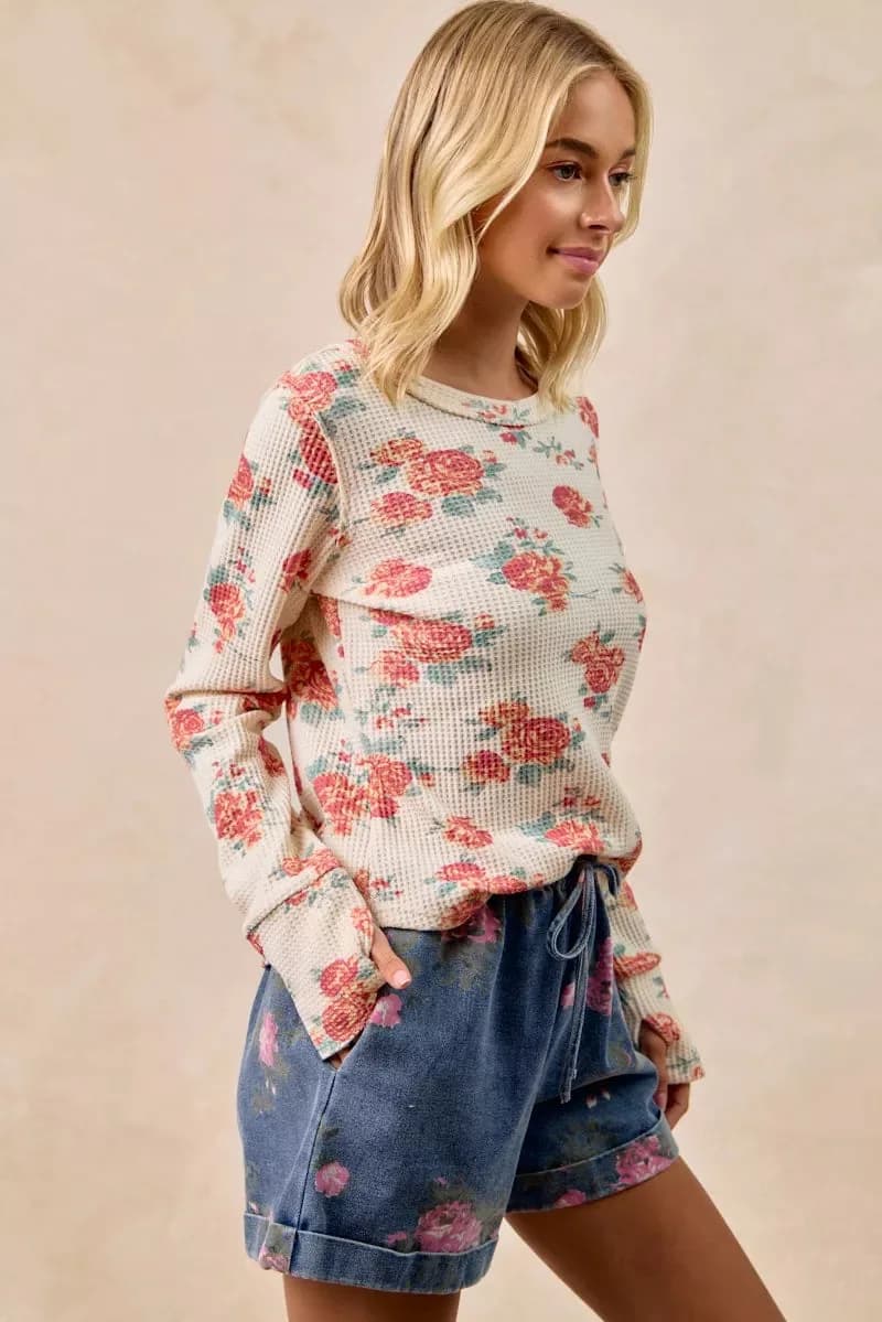BiBi Floral Print Washed Waffle Thermal Top With Thumb