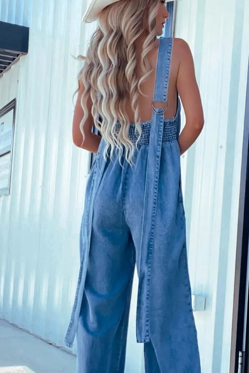 V-Neck Wide Leg Denim Jumpsuit in Khaki and Medium Wash