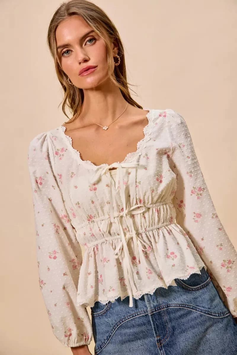 SO ME Floral Clip Dot Lace Trim Ruched Bodice Blouse