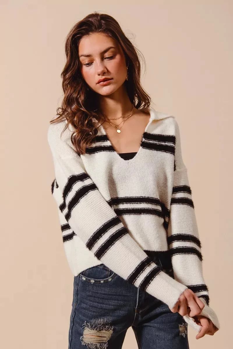 SO ME Fuzzy Hairy Stripe Deep U Neck Sweater