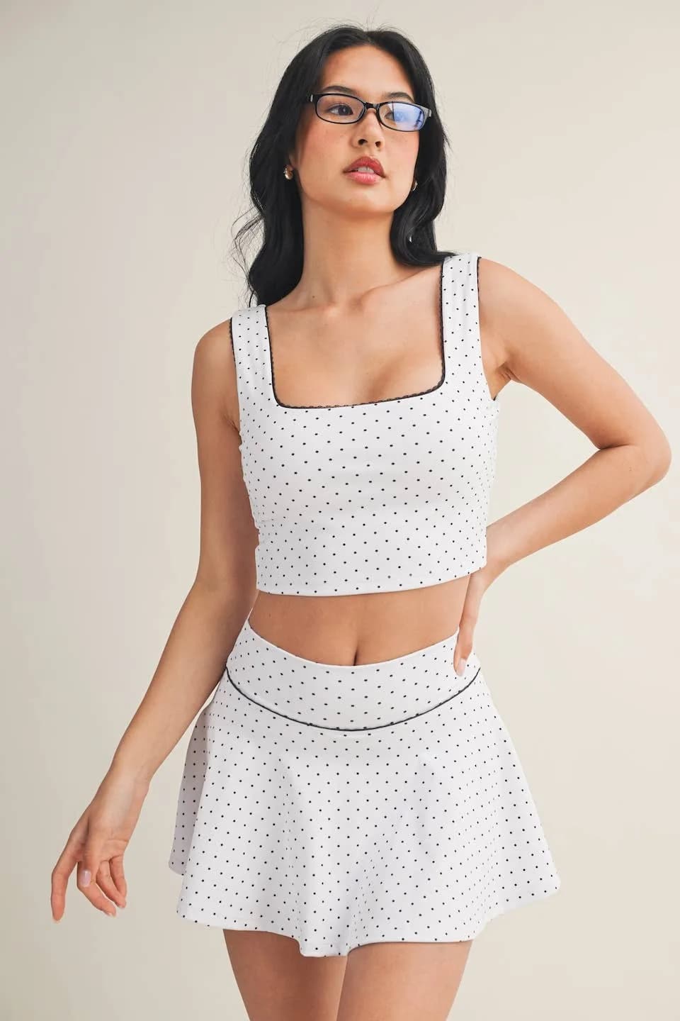 Polka Dot Print Crop Tank with Lace Trim by Kimberly C