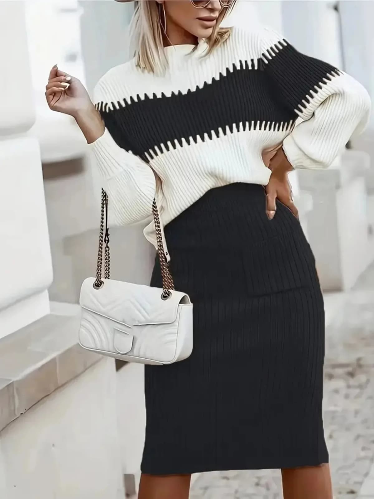 Two-Tone Ribbed Knit Top and Skirt Sweater Set