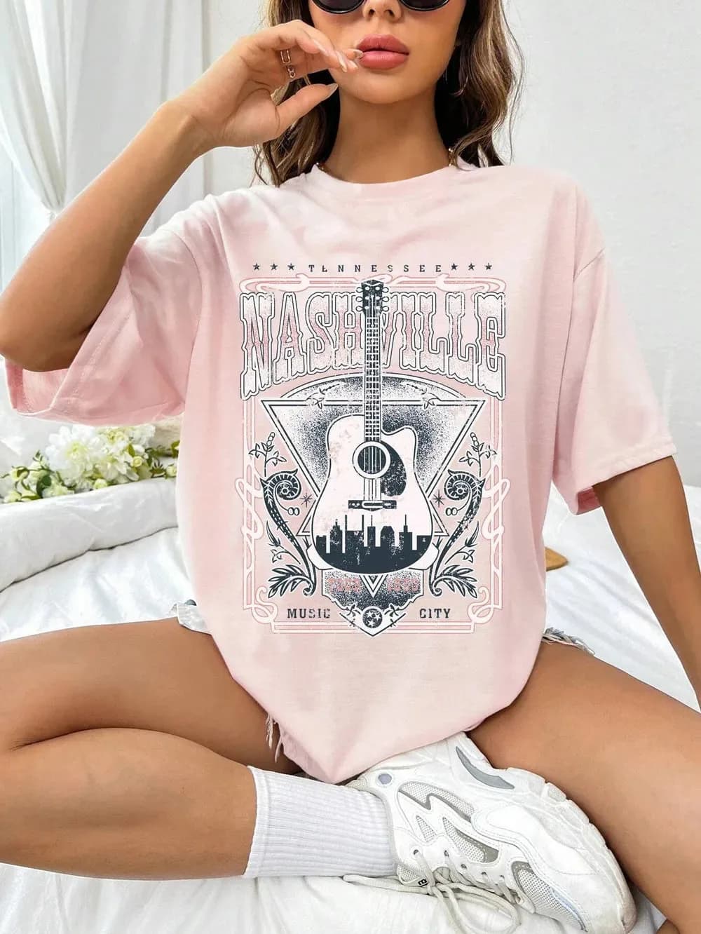 Nashville Guitar Graphic Round Neck Half Sleeve T-Shirt in Multiple Colors