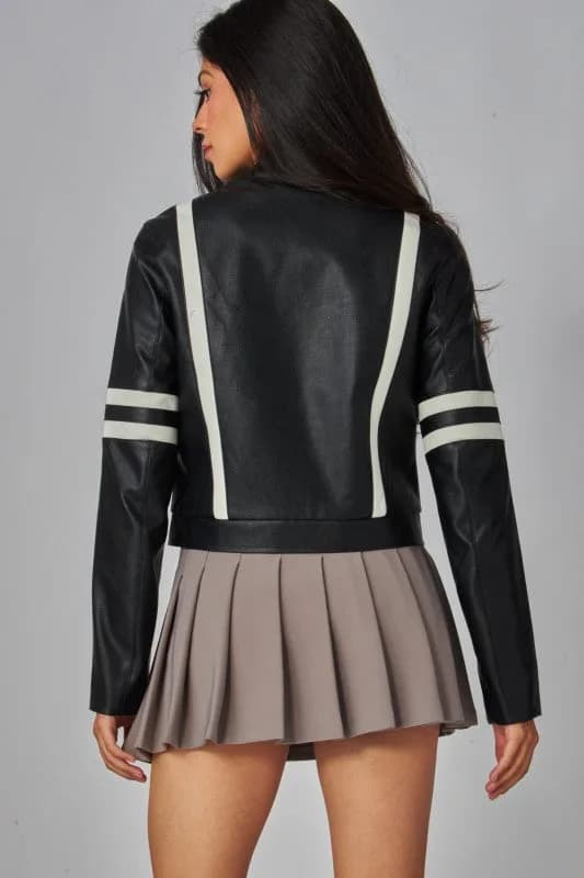 Faux Leather Racing Stripes Biker Jacket