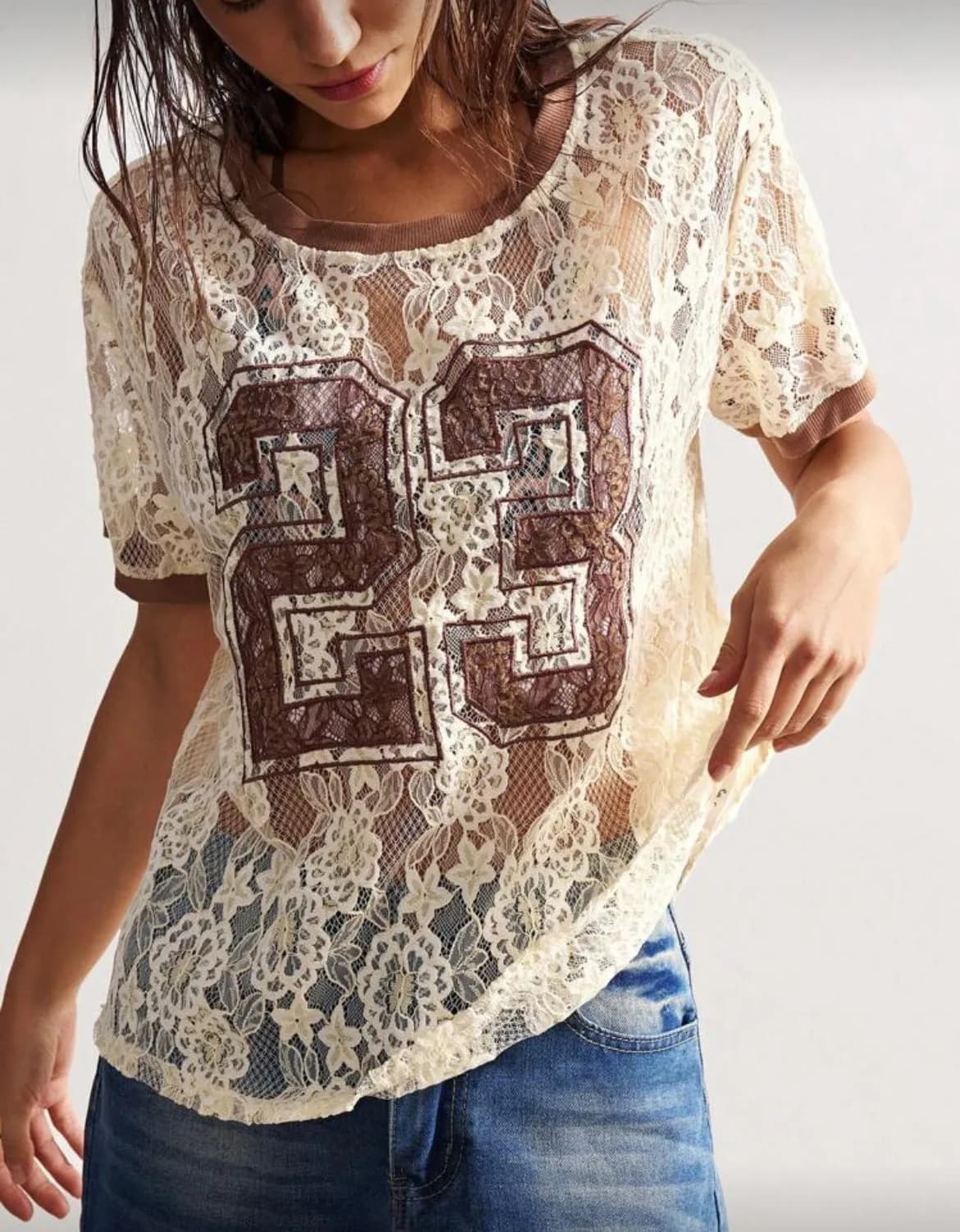 Cream Velvet Lace 23 Mesh Top Jersey