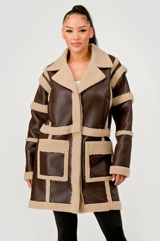 Brown Faux Leather Shearling Trim Coat