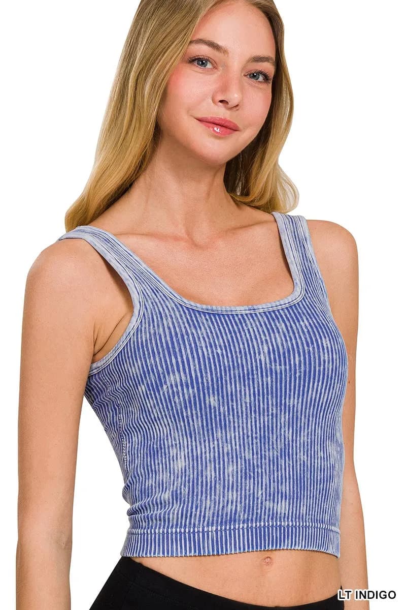 Stone Washed Ribbed Square Neck Tank Crop Top Zenana