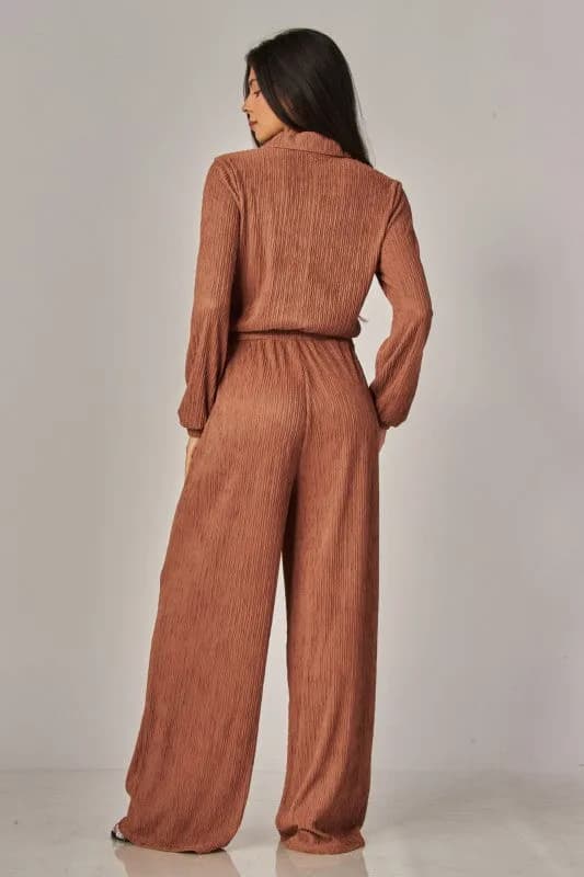 Crinkled Plisse Button Up Casual Jumpsuit