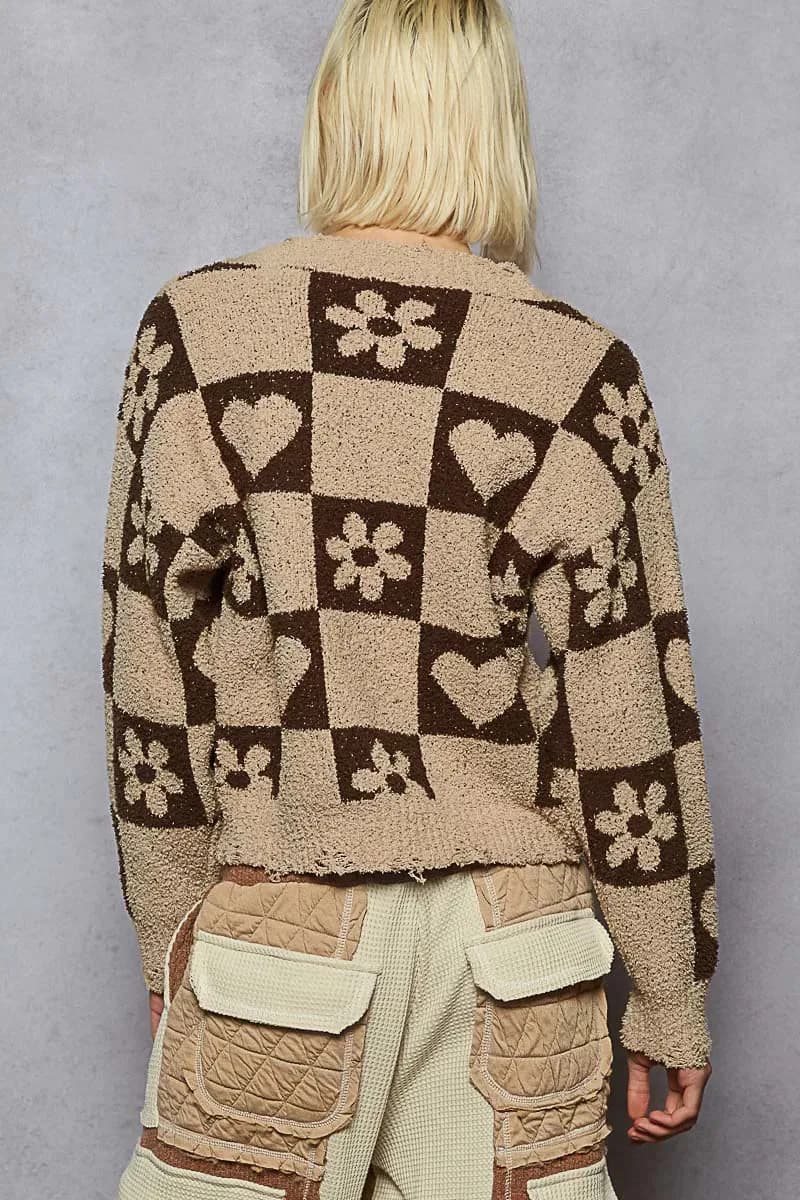 POL V-Neck Heart Pattern Checkered Sweater
