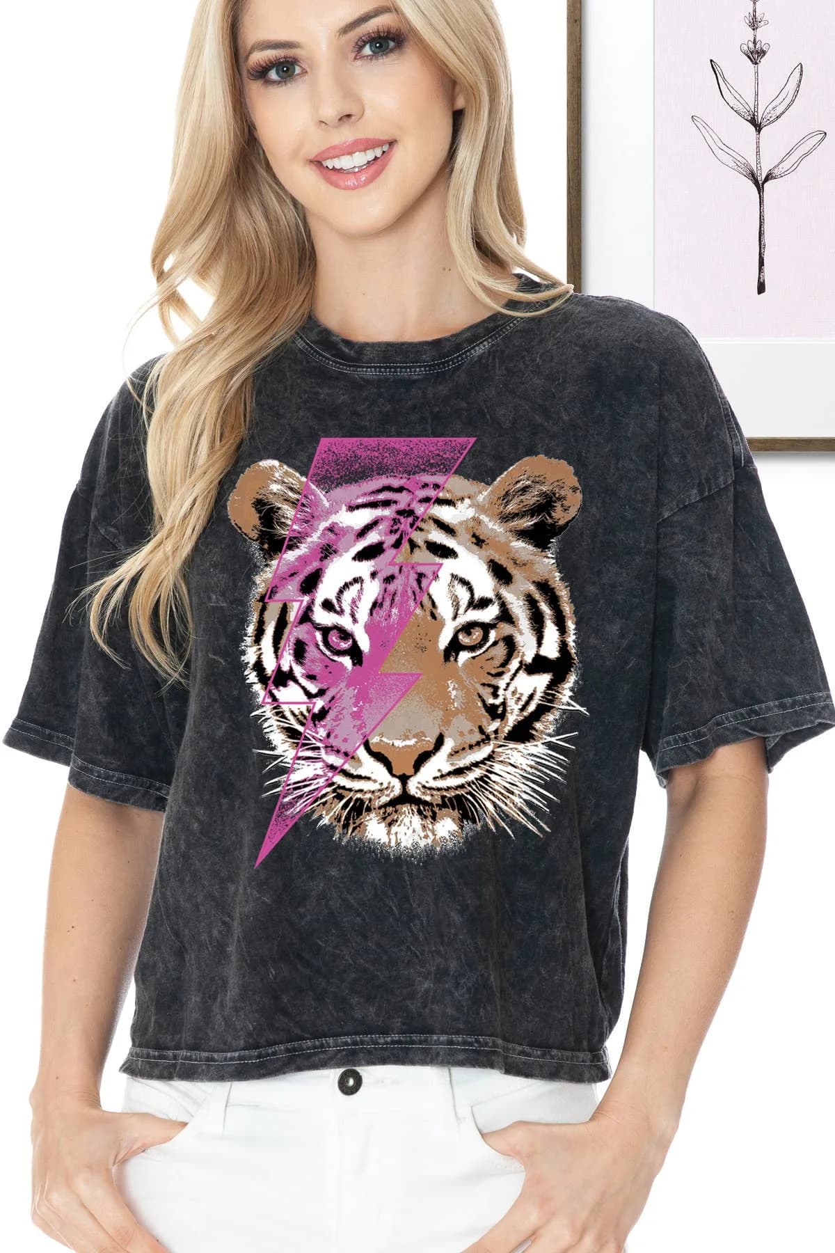 Mineral Washed Crop Top Tiger Face Light Bolt BouTeeQue Closet
