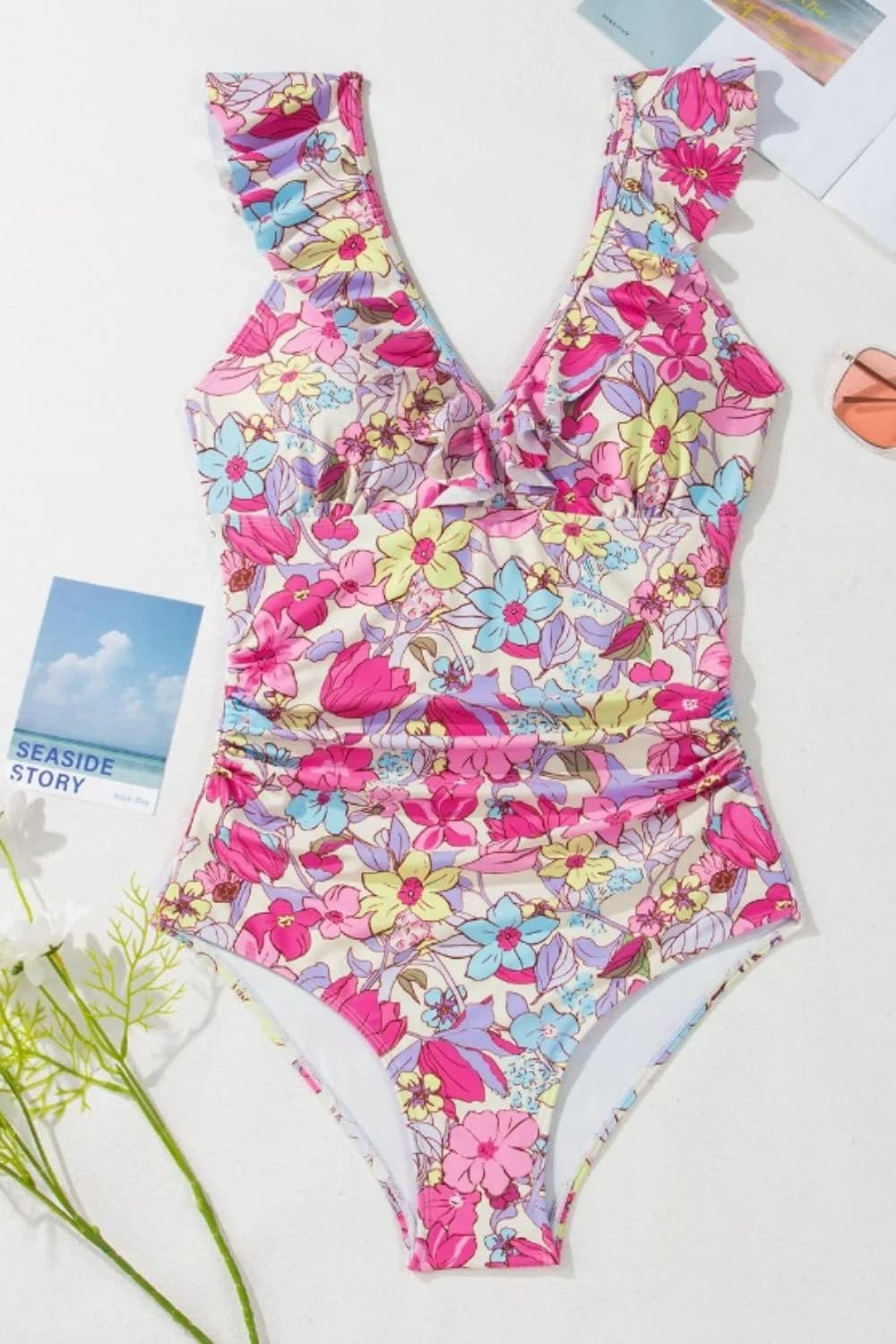 Floral Ruffle Trim Tummy Control One Piece Swimsuit
