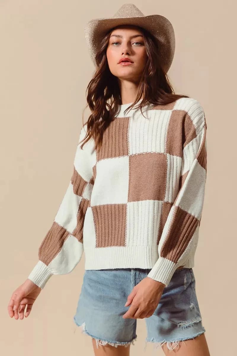 SO ME Ribbed Color Block Checkered Plaid Sweater