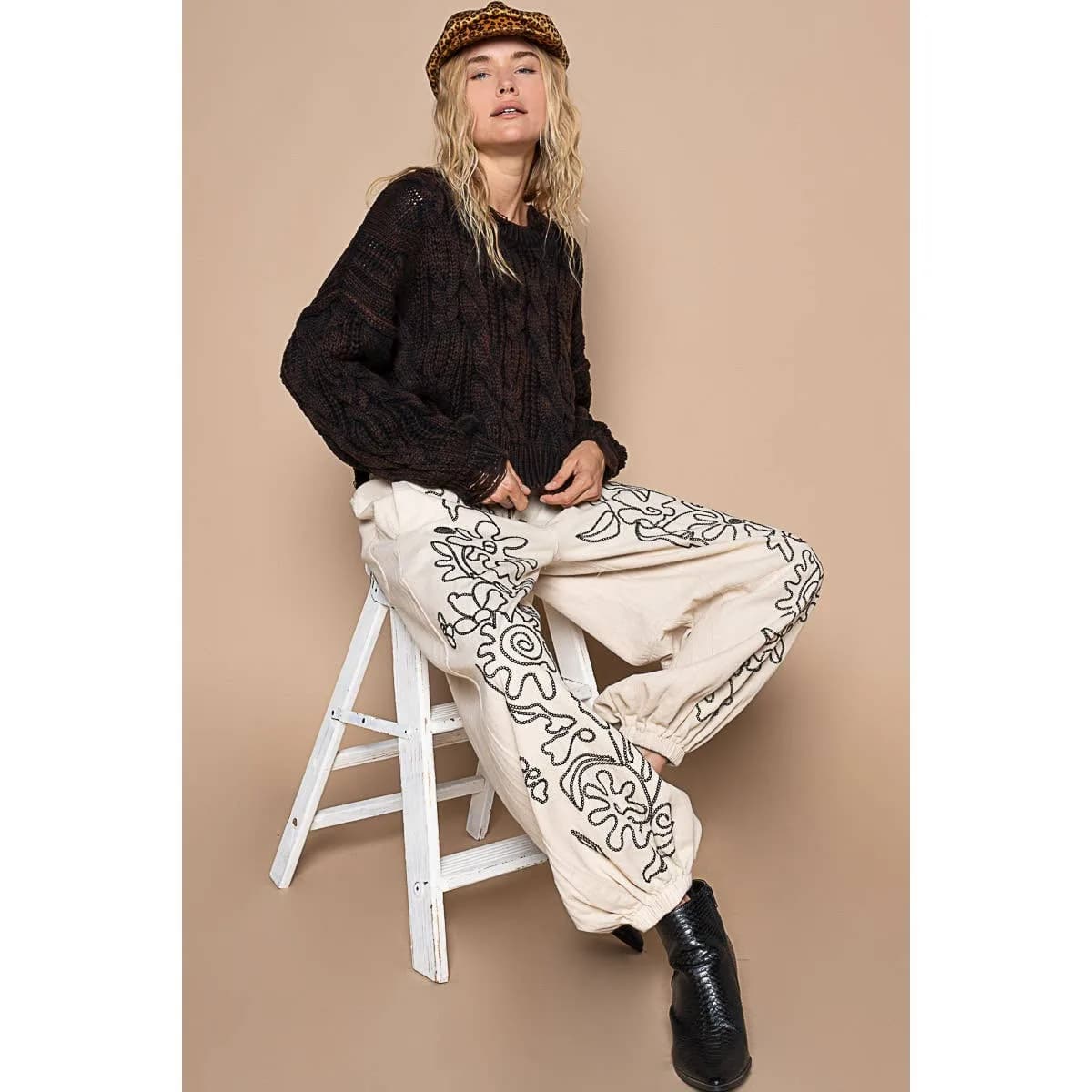 Floral Embroidered Pattern Solid Twill Jogger Pants by POL
