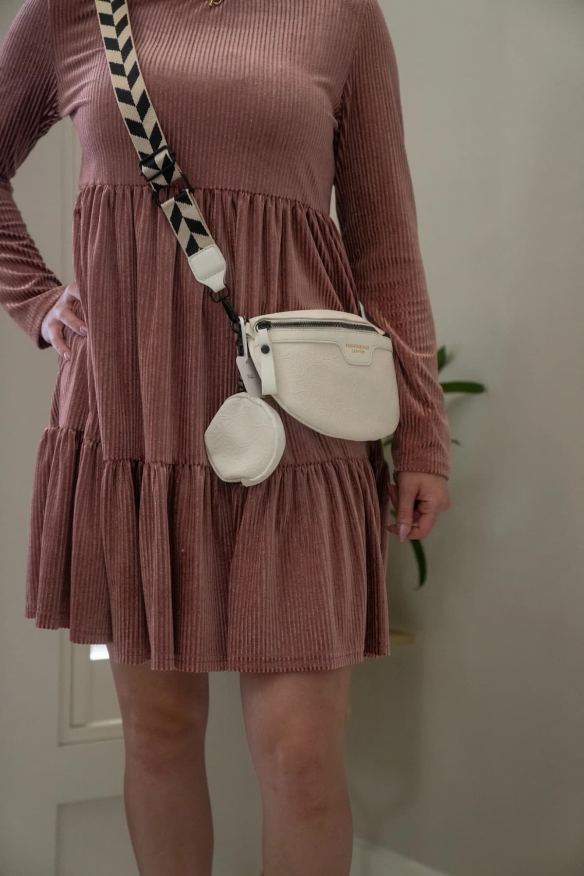 Pale Chestnut Long Sleeve Tiered Ribbed Velvet Dress