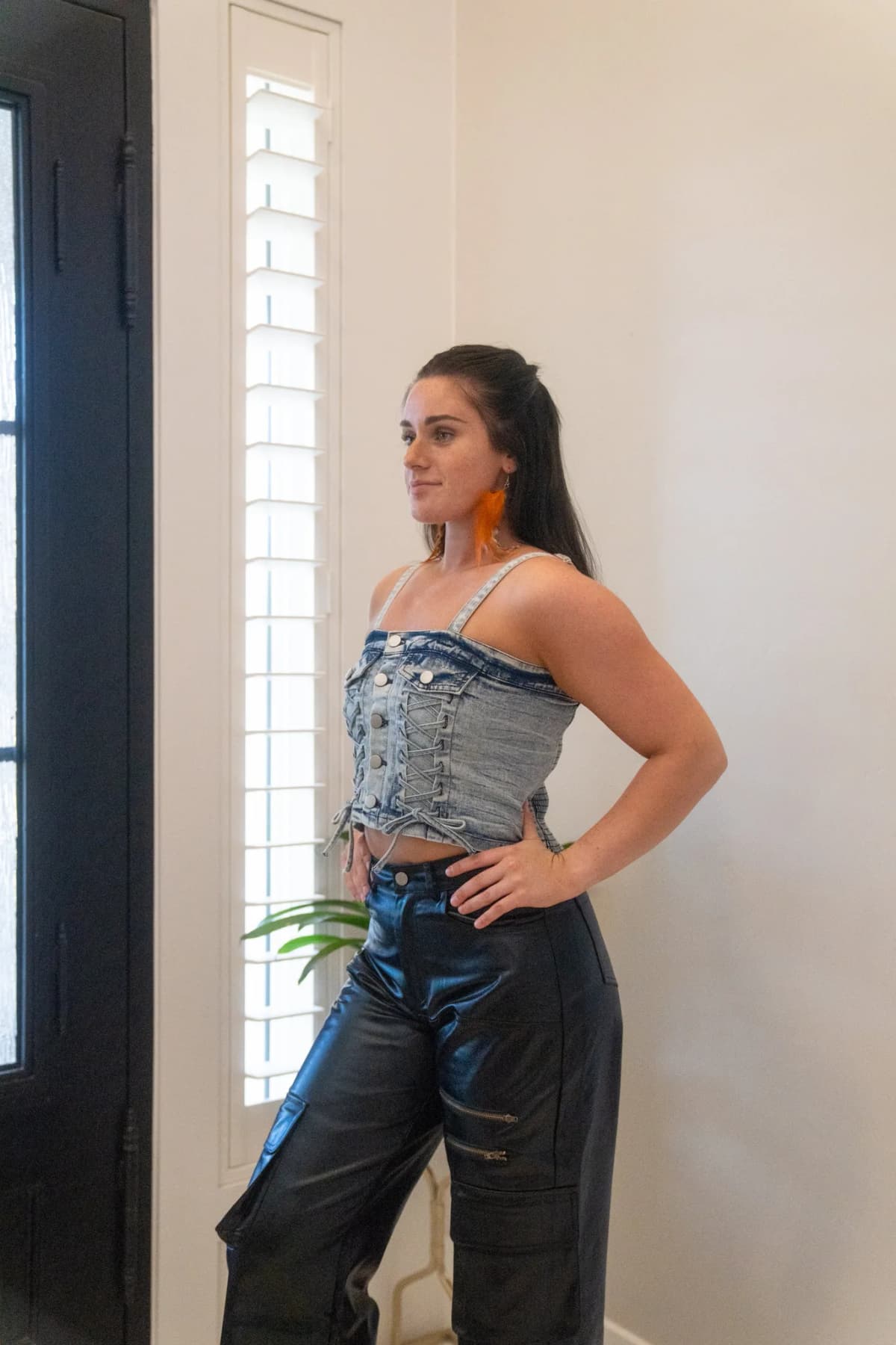Denim Button Down Lace Up Detail Smocked Back Crop Top