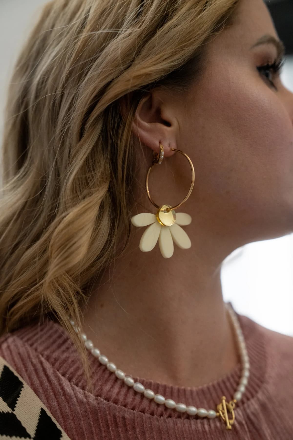 Jumbo Daisy Hoop Earrings Cream by Foxie Collective
