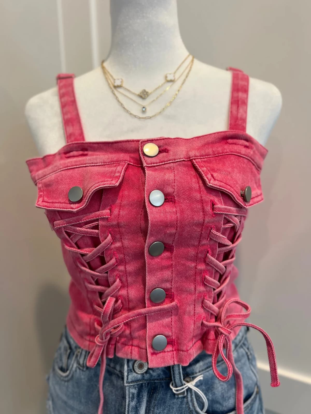 Denim Button Down Lace Up Detail Smocked Back Crop Top