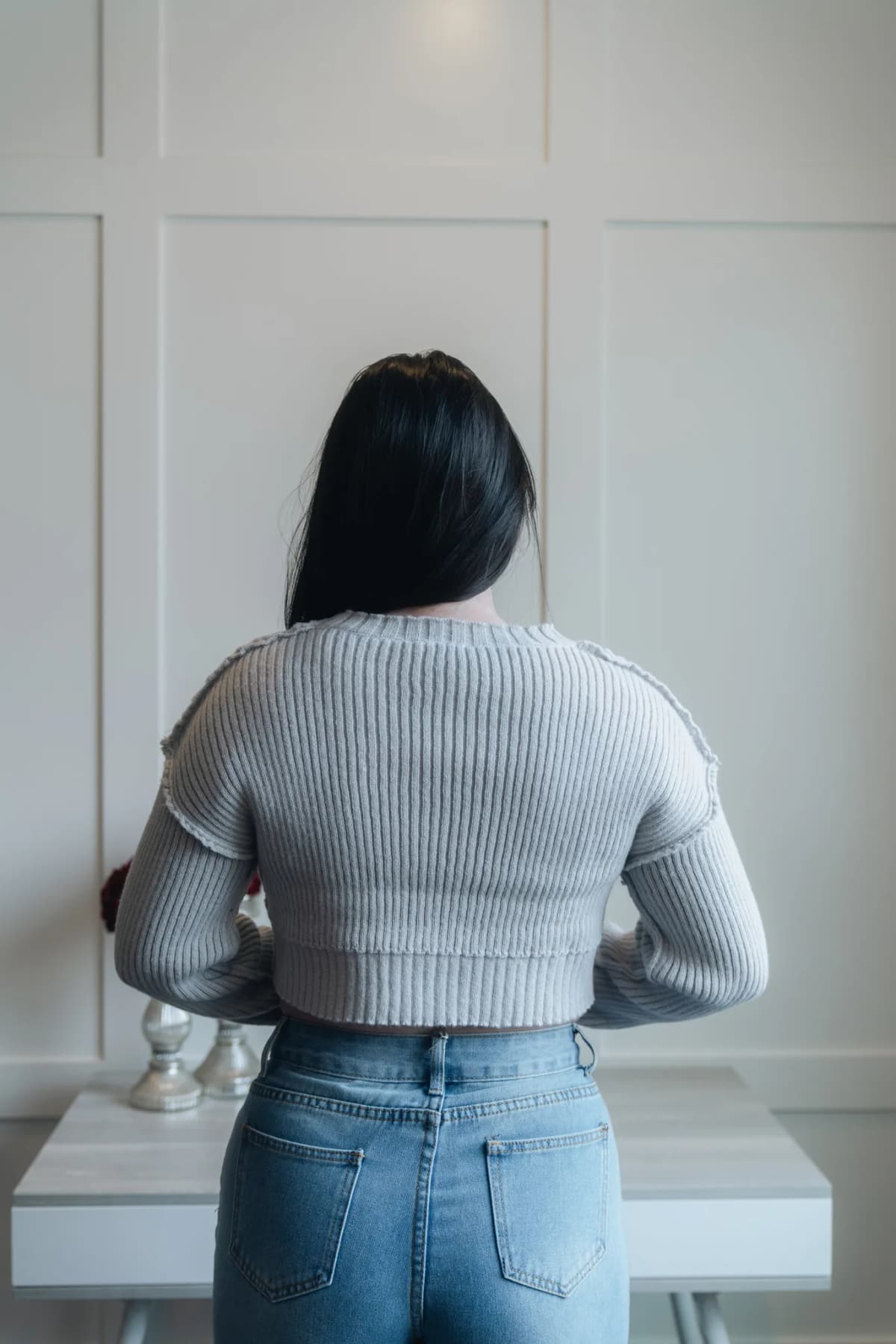 Long Sleeve Crop Top Sweater Gray