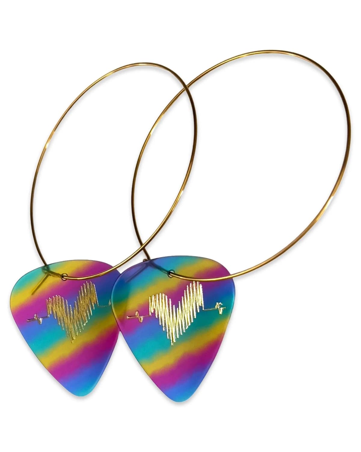 14K Gold Filled Rainbow Hoop Guitar Pick Earrings Groupie Love (50mm)