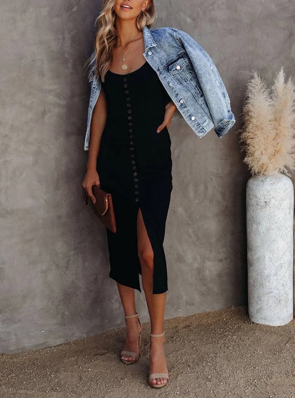 Brown Buttoned Ribbed Knit Sleeveless Midi Dress with Slit Full Time Purchase