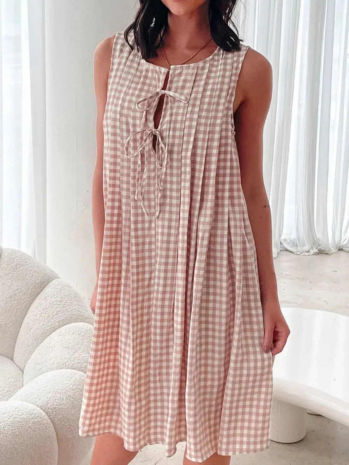 Tied Front Sleeveless Plaid Dress