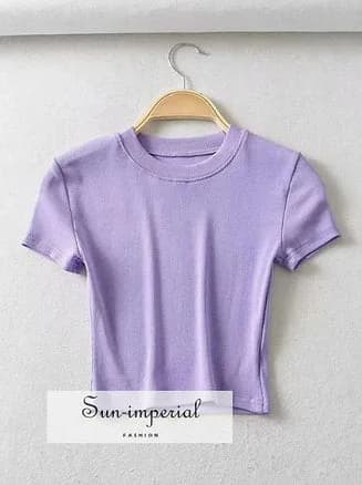 High Crew Neck Cropped Bodycon Short Sleeve Sun Imperial (Purple)