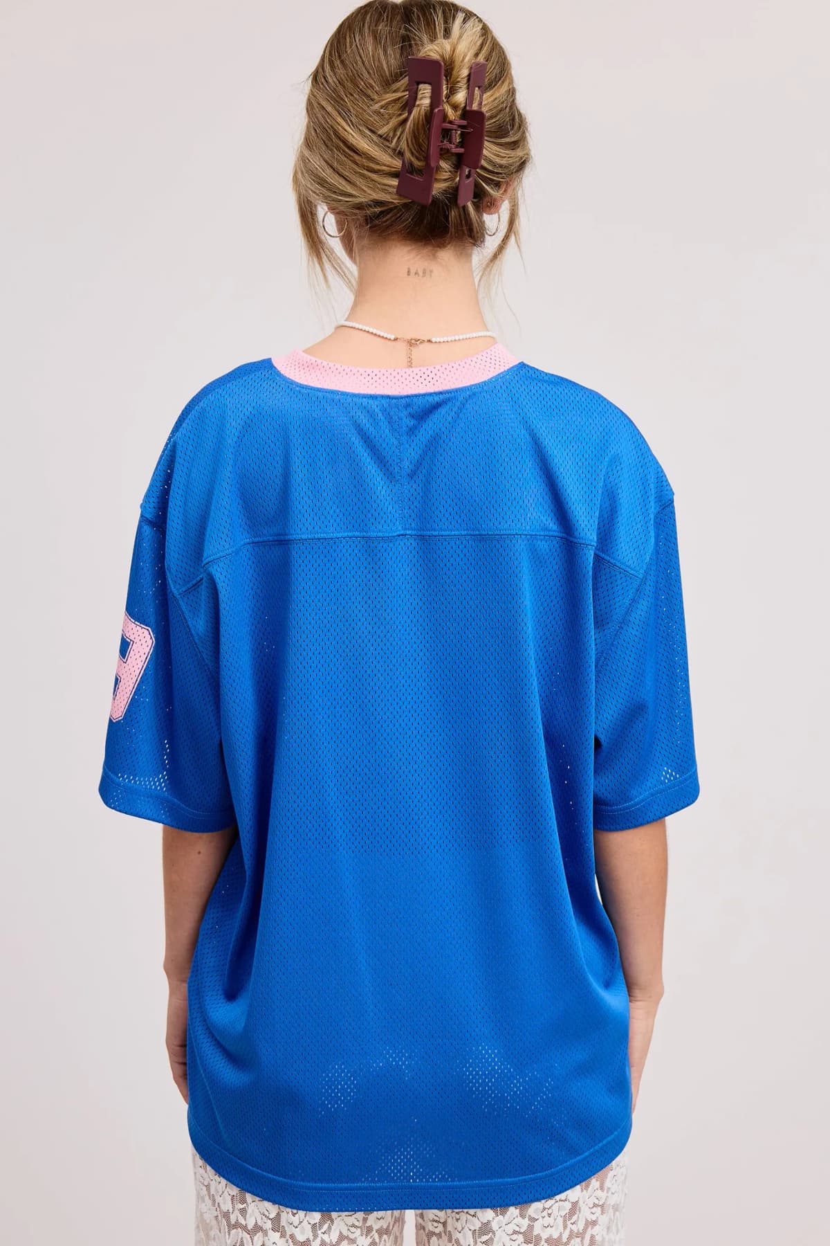 V Neck Sporty Jersey Shirt Top With Printed 89 Ivory
