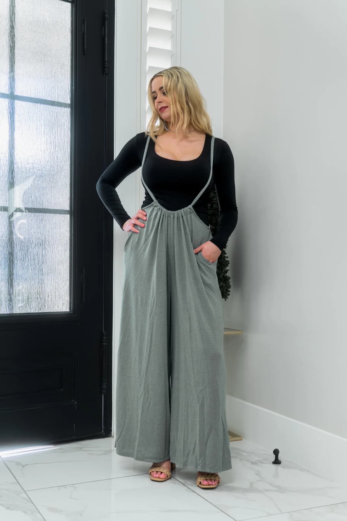 Wide Leg Solid Textured Knit Jumpsuit Pants Bucketlist