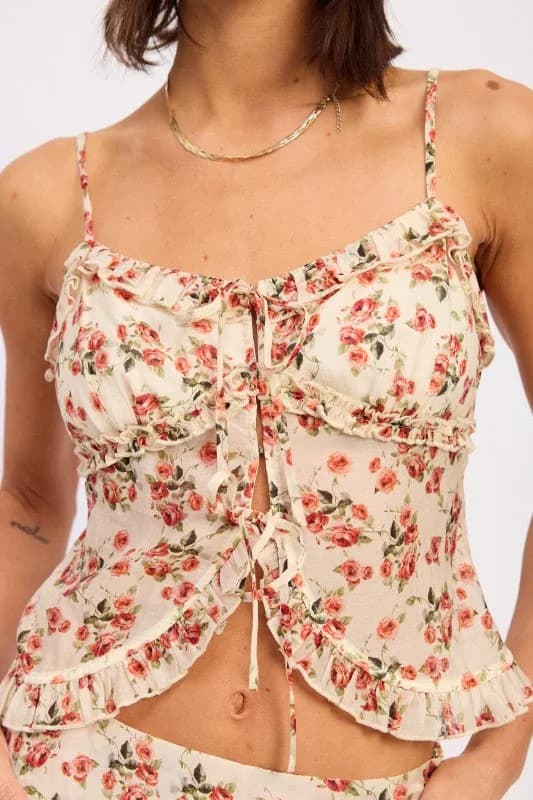 RUFFLED CAMI TOP WITH FRONT TIE