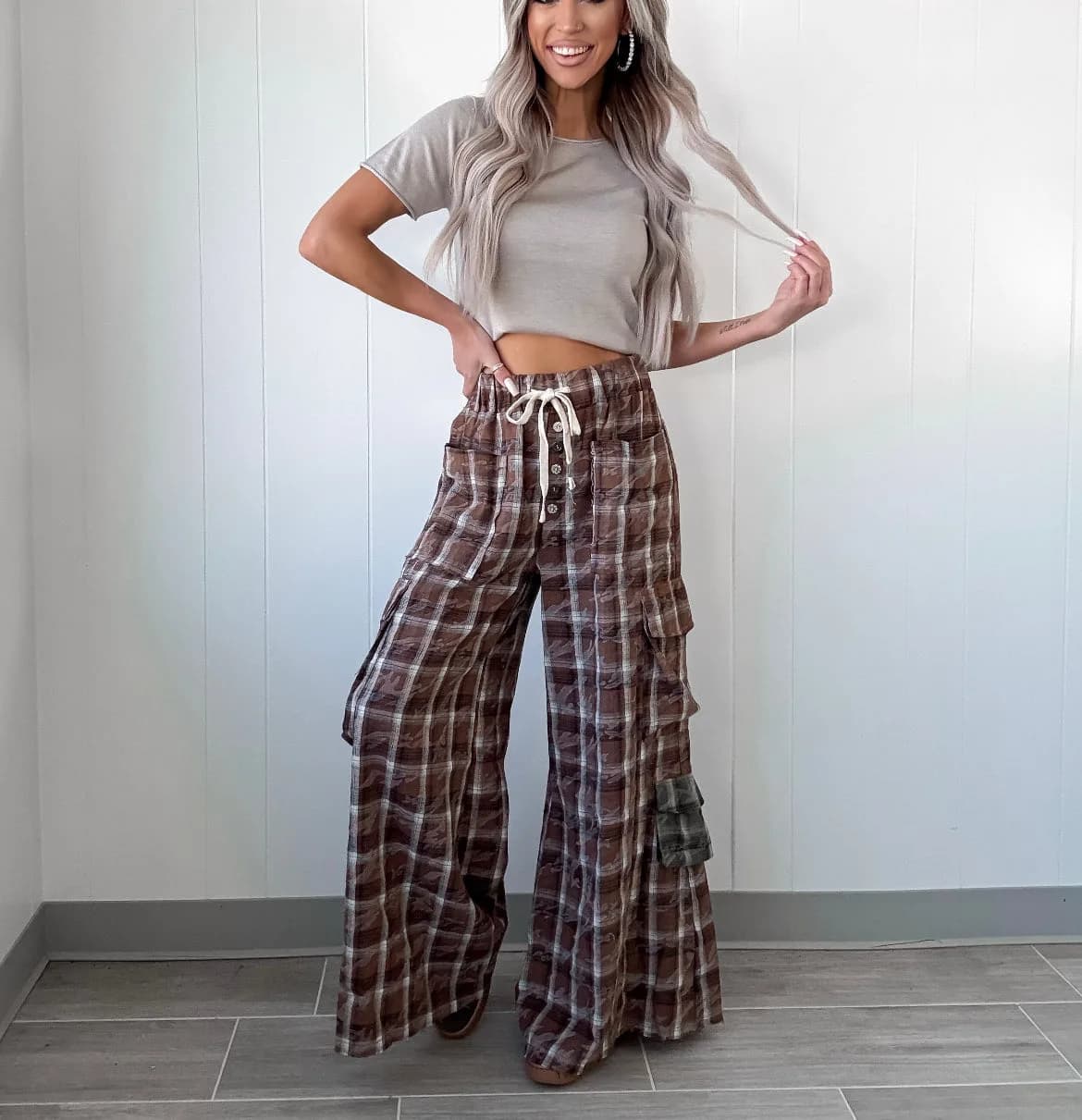 Tie Waist Plaid Cargo Pants Wide Leg by Pol
